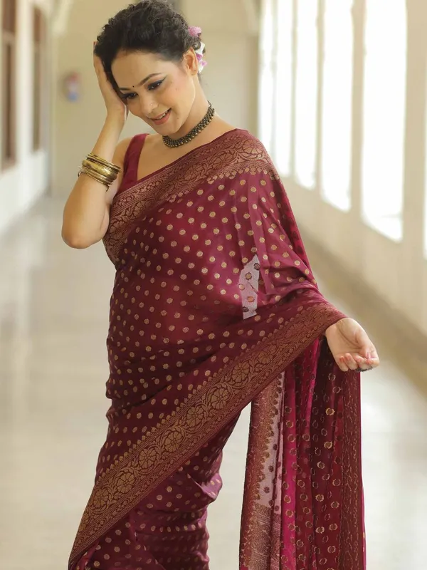 Maroon_Soft_Lichi_Silk_Saree_with_Rich_Zari_Woven_Design_�_Latest_Pattu_Party_Wear_Sadi,_Trending_Wedding_Sari_with_Blouse_Piece