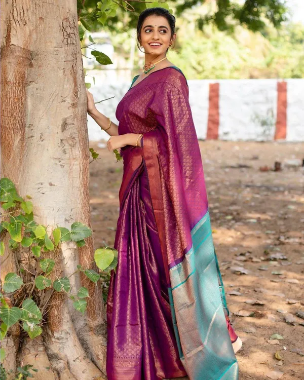 Purple_Banarasi_Silk_Saree_New_Collection_|_Wedding_&_Party_Wear_Saree_with_Contrast_Teal_Blouse_|_Soft_Lichi_Silk_Sadi_Latest_Design