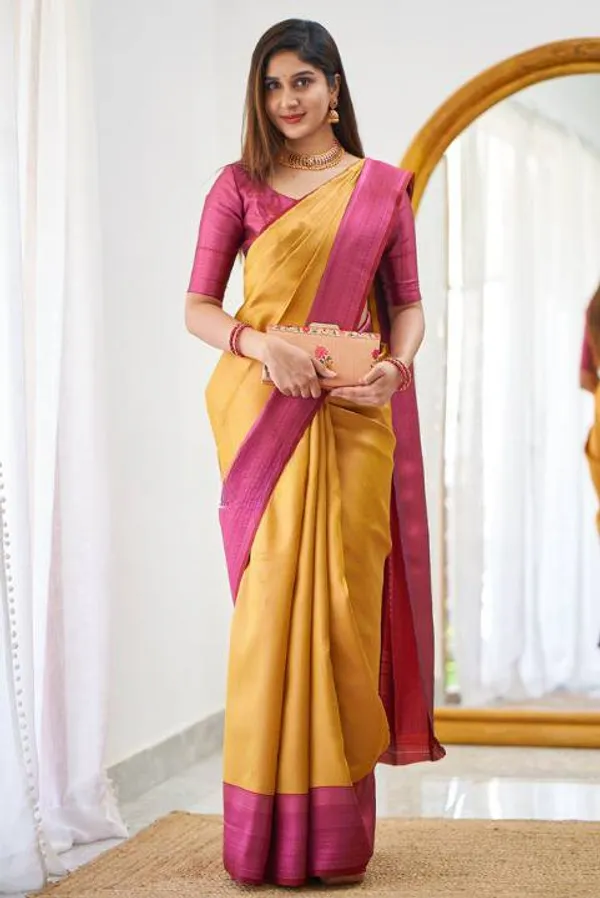 Ficshop_Premium_Quality_Mustard_Two_Tone_Silk_Saree_New_Collection_|_Latest_Design_Pattu_Party_Wear_Saree_with_Contrast_Blouse_Piece_|_Stylish_Wedding_&_Partywear_Litchi_Silk_Saree