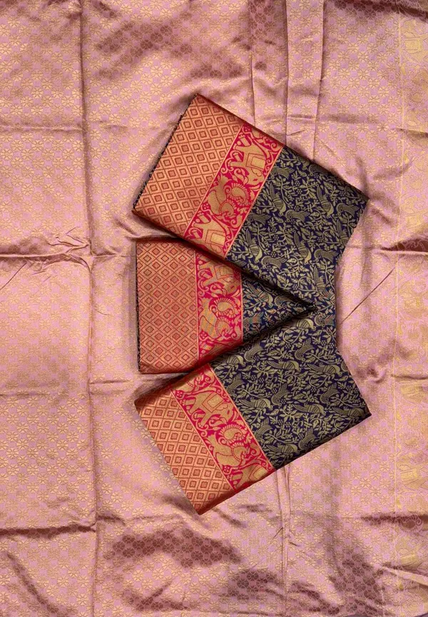 Navy_Blue_Kanjeevaram_Saree_New_Collection_�_Latest_Design_Partywear_Saree_with_Rich_Pallu,_Elephant_Zari_Border_&_Contrast_Pink_Blouse_|_Traditional_Pattu_Wedding_Sadi_|_Soft_Lichi_Silk_Material