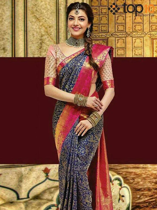 Navy_Blue_Kanjeevaram_Saree_New_Collection_�_Latest_Design_Partywear_Saree_with_Rich_Pallu,_Elephant_Zari_Border_&_Contrast_Pink_Blouse_|_Traditional_Pattu_Wedding_Sadi_|_Soft_Lichi_Silk_Material
