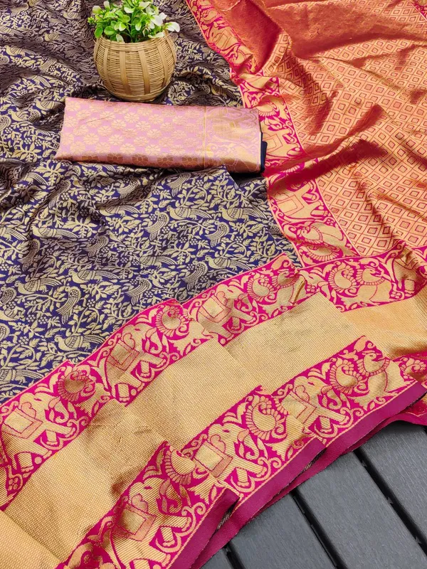 Navy_Blue_Kanjeevaram_Saree_New_Collection_�_Latest_Design_Partywear_Saree_with_Rich_Pallu,_Elephant_Zari_Border_&_Contrast_Pink_Blouse_|_Traditional_Pattu_Wedding_Sadi_|_Soft_Lichi_Silk_Material