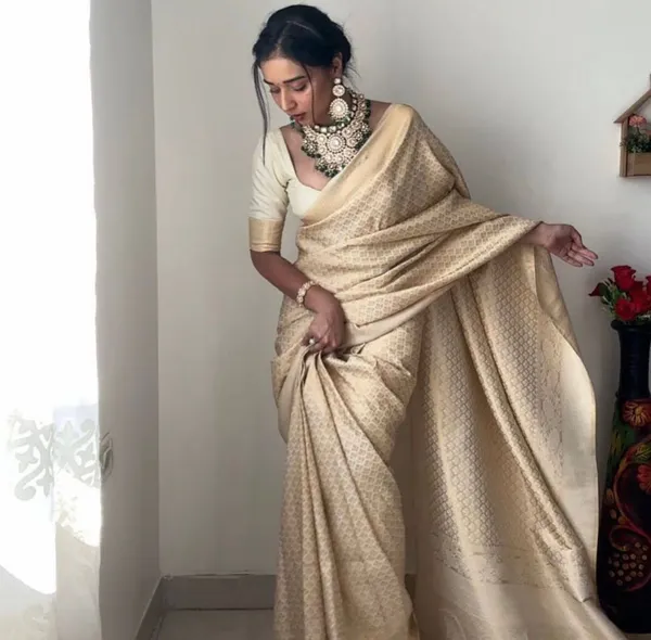 Beige_Banarasi_Ready_to_Wear_Lichi_Silk_Saree_|_Premium_Party_Wear_Saree_with_Blouse_Piece_|_Trendy_Wedding_&_Festive_Soft_Silk_Sadi_Collection
