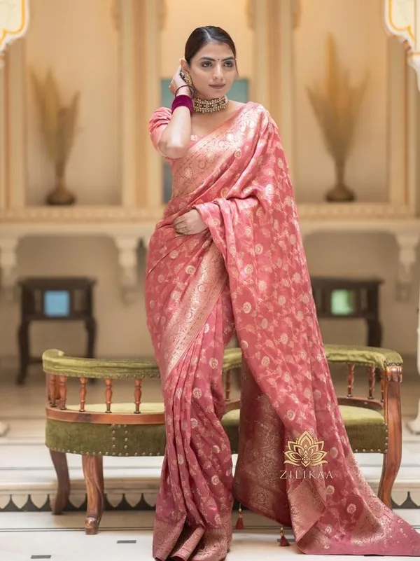 Peach_Pink_Banarasi_Saree_New_Collection_�_Latest_Design_Pattu_Party_Wear_Sadi_with_Heavy_Brocade_Blouse_�_Rich_Pallu_Wedding_Sari_�_Soft_Lichi_Silk_Saree