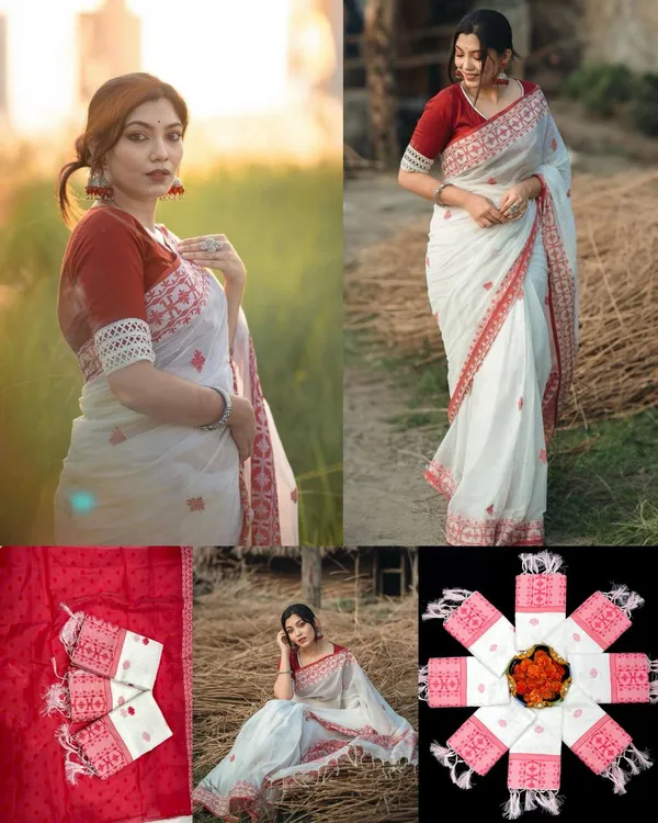 White_Cotton_Silk_Saree_New_Collection_|_Traditional_Red_Border_Saree_with_Contrast_Red_Blouse_|_Stylish_Handloom_Ethnic_Wear