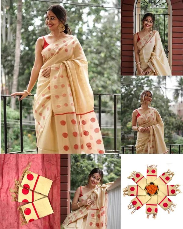 Beige_Cotton_Silk_Saree_New_Collection_|_Latest_Design_Polka_Dot_Saree_with_Contrast_Red_Blouse_Piece_|_Soft_Lilan_Slab