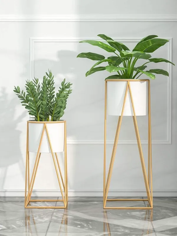 White_Modern_Metal_Floor_Tall_Plant_Stand_For_Garden,_Balcony_&_Living_Room_(Set_Of_2)_Flower_Pots