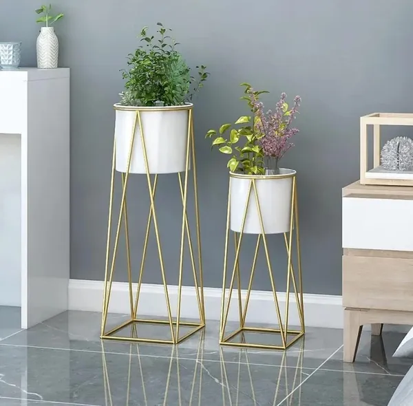 White_Modern_Metal_Floor_Tall_Plant_Stand_For_Garden,_Balcony_&_Living_Room_(Set_Of_2)_Flower_Pots