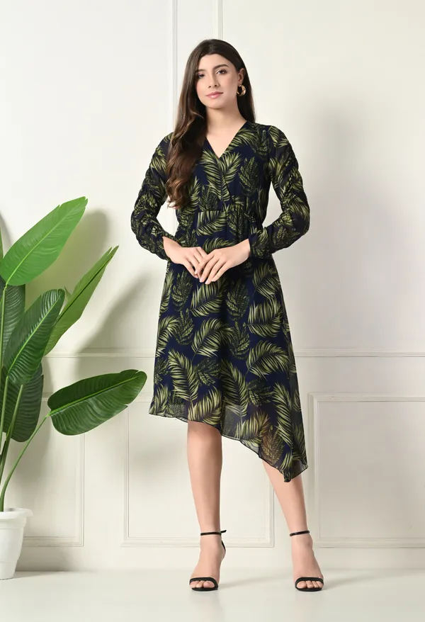 Elegant_Navy_&_Green_Leaf_Print_Asymmetrical_Dress