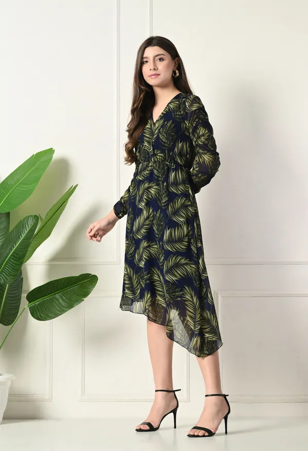 Elegant_Navy_&_Green_Leaf_Print_Asymmetrical_Dress