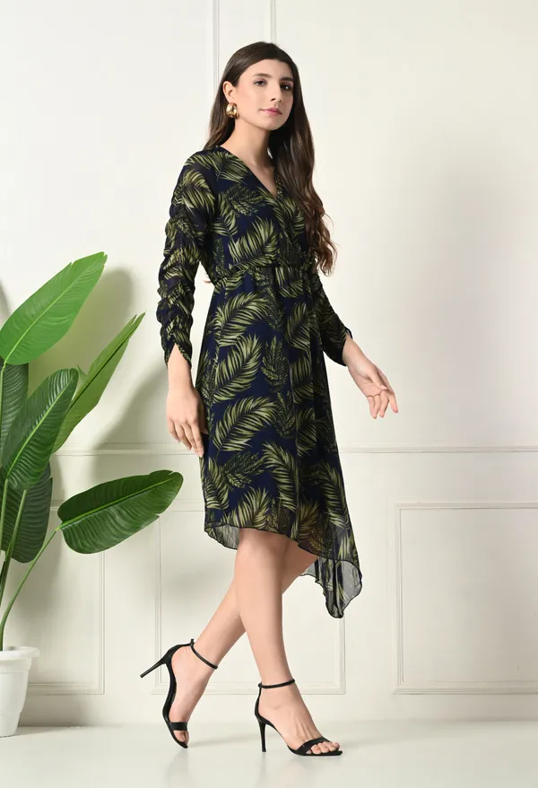 Elegant_Navy_&_Green_Leaf_Print_Asymmetrical_Dress