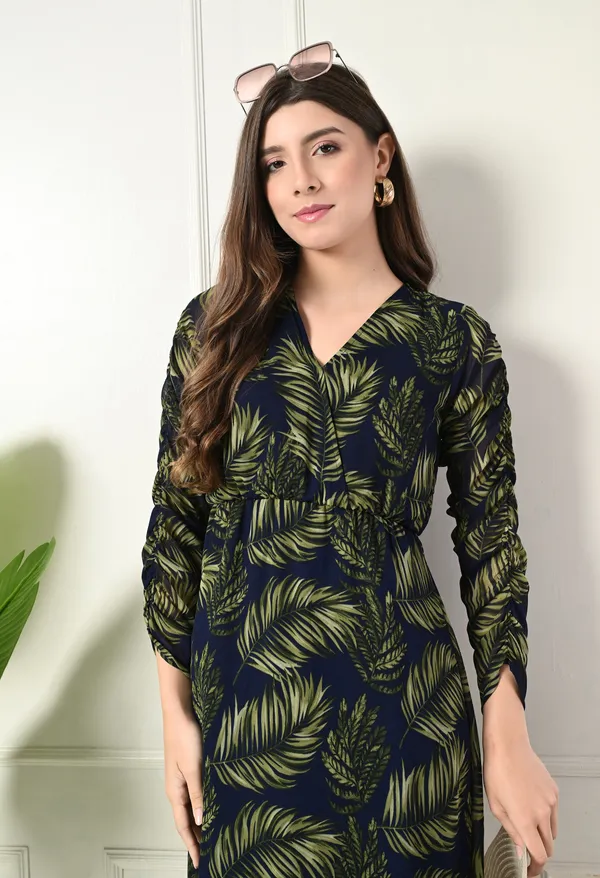 Elegant_Navy_&_Green_Leaf_Print_Asymmetrical_Dress