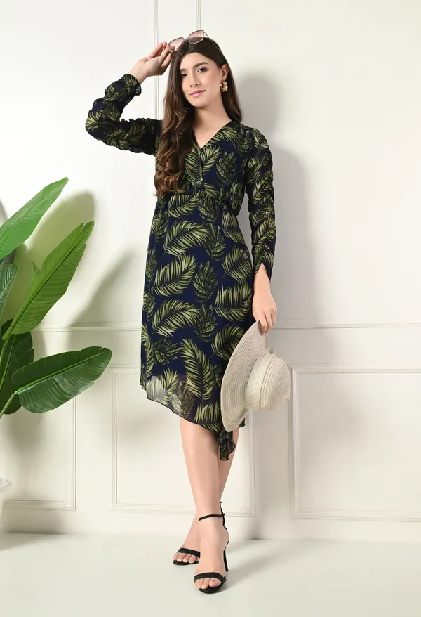 Elegant_Navy_&_Green_Leaf_Print_Asymmetrical_Dress