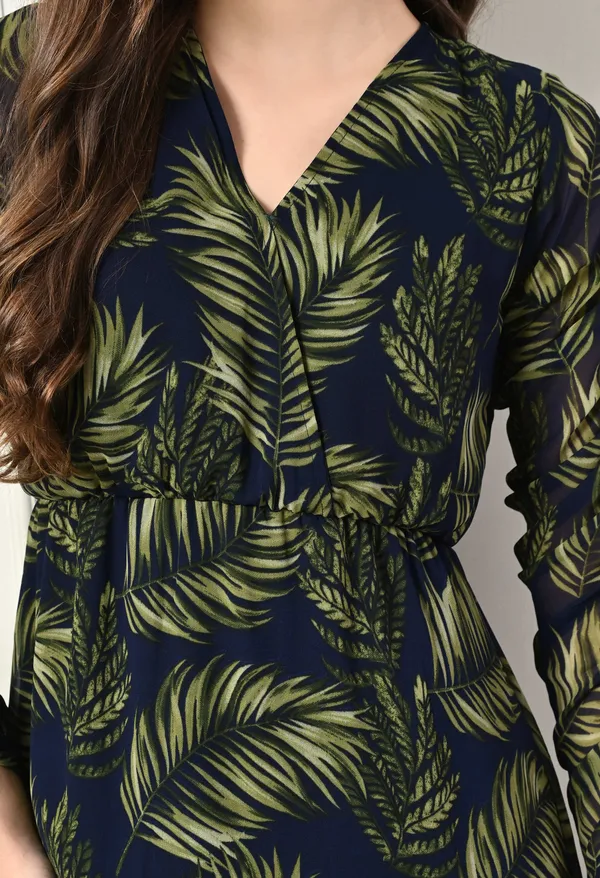 Elegant_Navy_&_Green_Leaf_Print_Asymmetrical_Dress