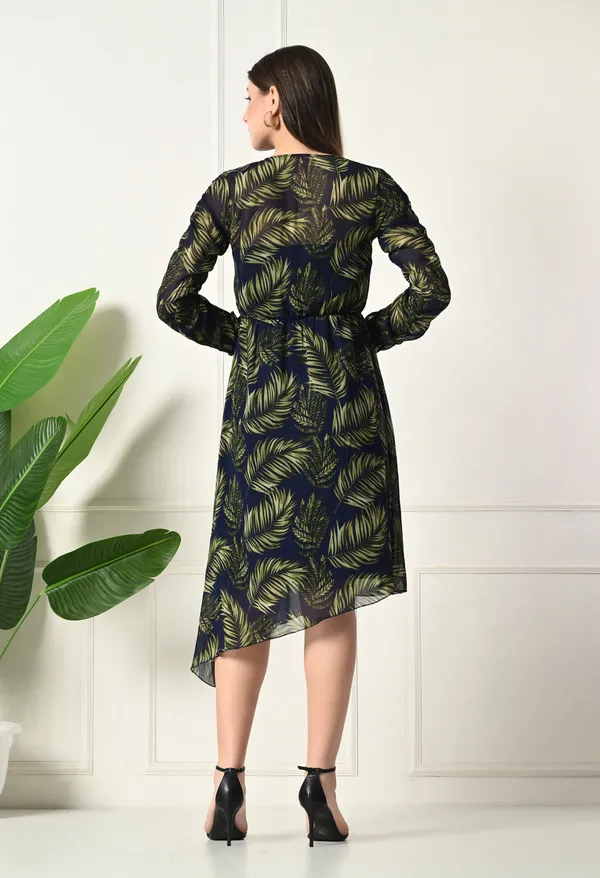 Elegant_Navy_&_Green_Leaf_Print_Asymmetrical_Dress