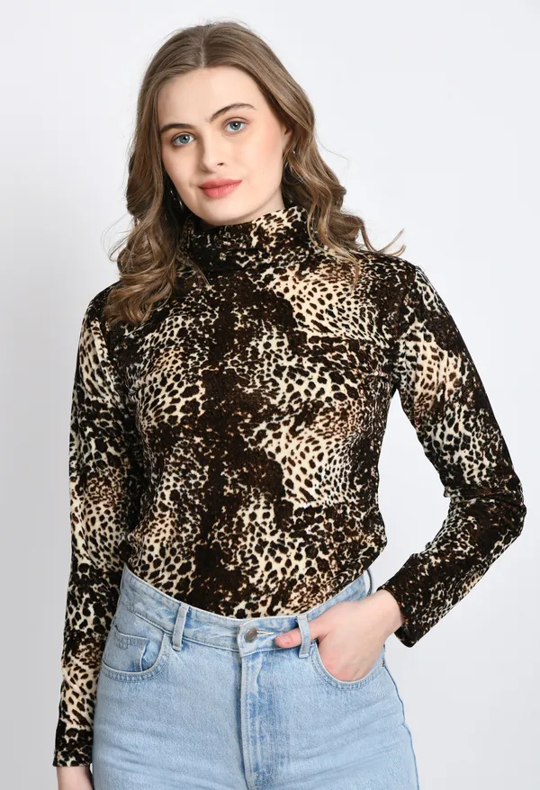Brown_Velvet_High_Neck_Full-Length_Top_For_Women