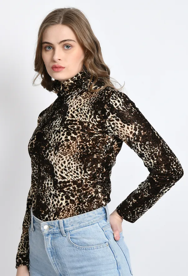 Brown_Velvet_High_Neck_Full-Length_Top_For_Women