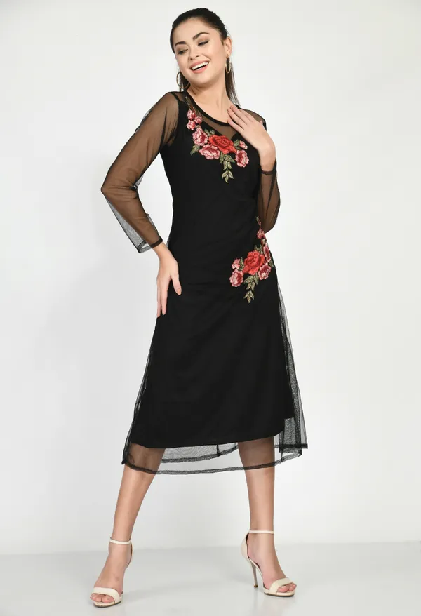 Black_Nylon_Floral_Printed_Knee_Lenght_Dresses_For_Women_&_Girls
