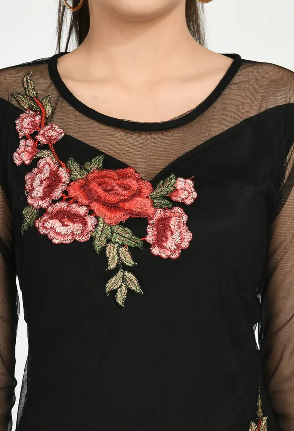 Black_Nylon_Floral_Printed_Knee_Lenght_Dresses_For_Women_&_Girls
