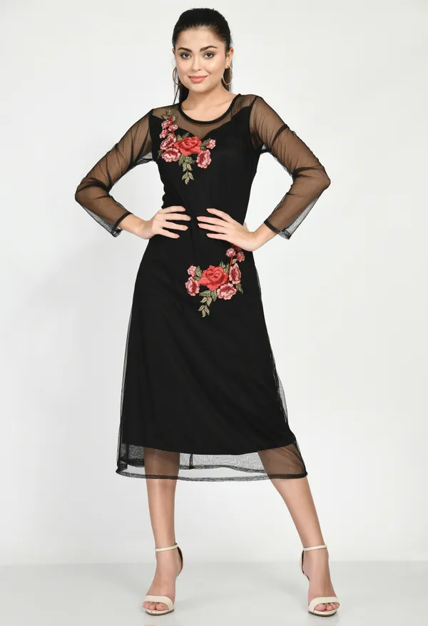 Black_Nylon_Floral_Printed_Knee_Lenght_Dresses_For_Women_&_Girls