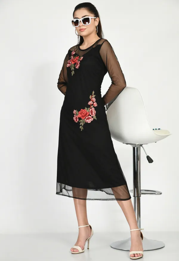 Black_Nylon_Floral_Printed_Knee_Lenght_Dresses_For_Women_&_Girls