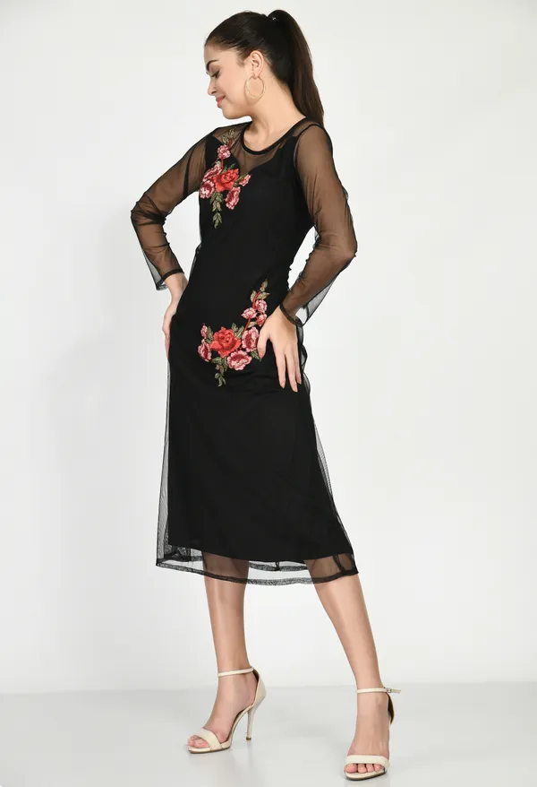 Black_Net_Applique_A-Line_Full-Length_Dress_For_Women
