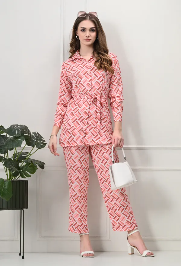 Peach_Polyester_Modern_Geometric_Printed_Long_Sleeves_Shirt_With_Trousers_Co-Ords_For_Women_&_Girls