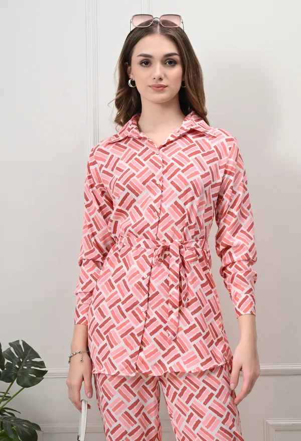 Peach_Polyester_Modern_Geometric_Printed_Long_Sleeves_Shirt_With_Trousers_Co-Ords_For_Women_&_Girls