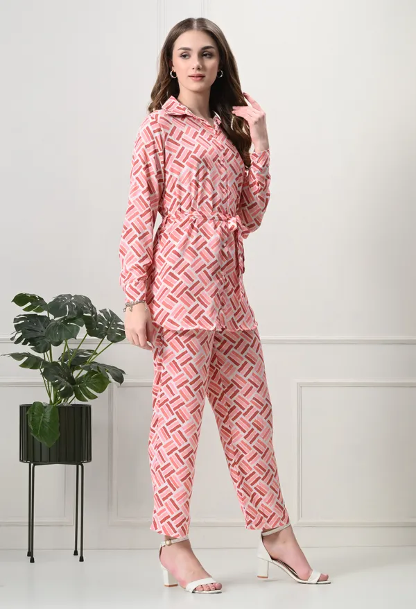 Peach_Polyester_Modern_Geometric_Printed_Long_Sleeves_Shirt_With_Trousers_Co-Ords_For_Women_&_Girls
