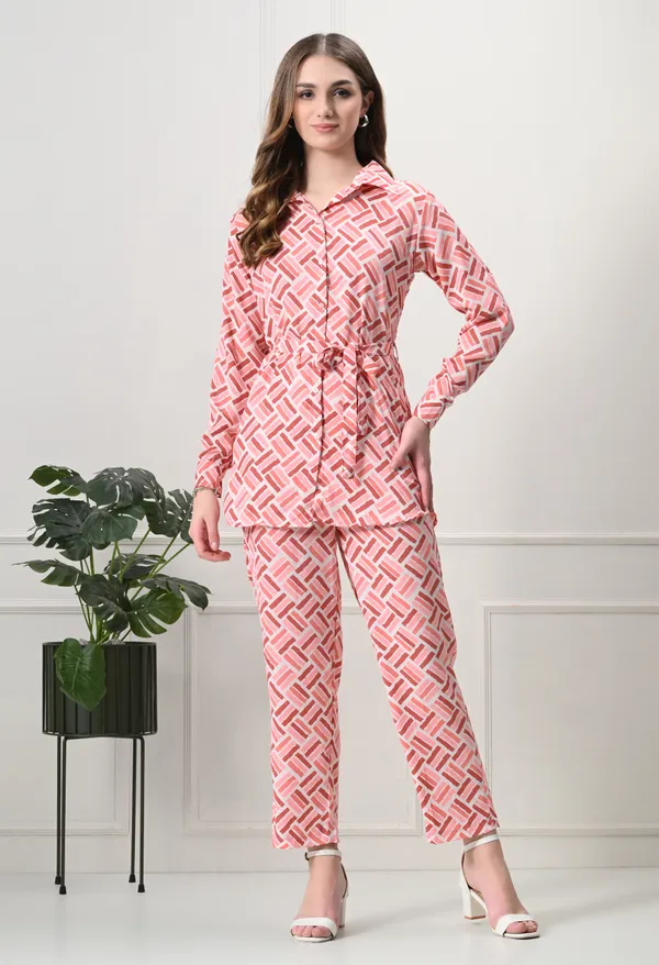 Peach_Polyester_Modern_Geometric_Printed_Long_Sleeves_Shirt_With_Trousers_Co-Ords_For_Women_&_Girls