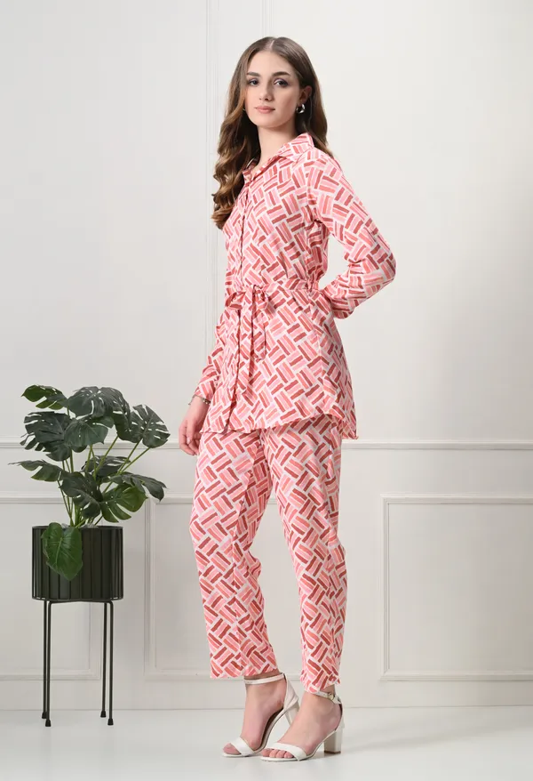 Peach_Polyester_Modern_Geometric_Printed_Long_Sleeves_Shirt_With_Trousers_Co-Ords_For_Women_&_Girls