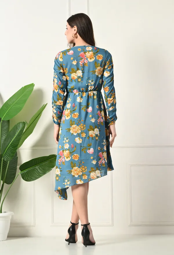 Teal_Floral_Print_Asymmetrical_Dress