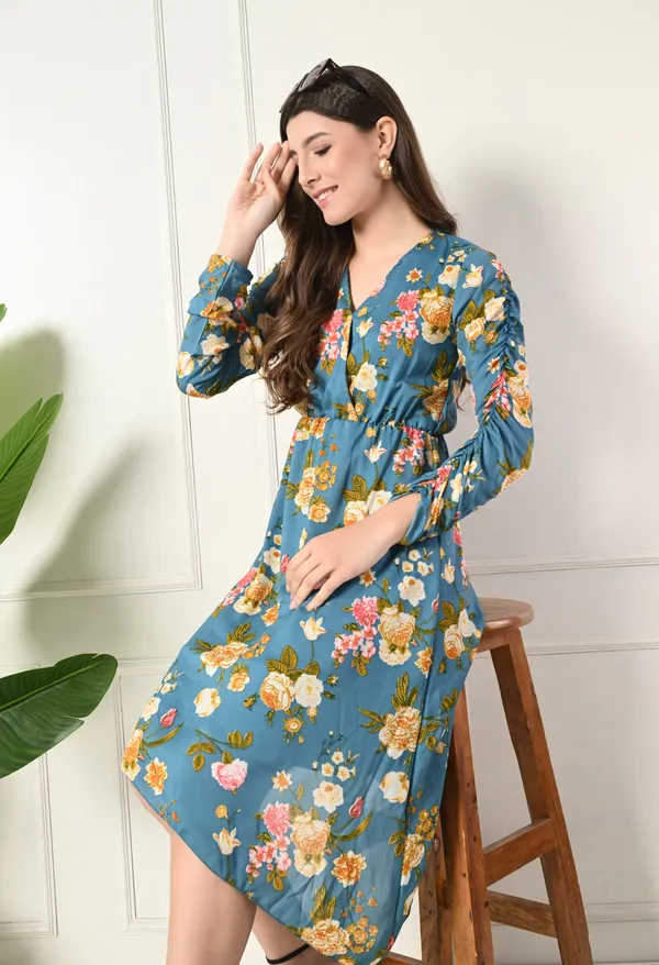 Teal_Floral_Print_Asymmetrical_Dress