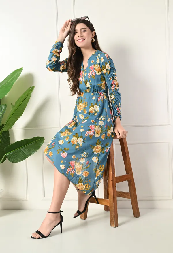 Teal_Floral_Print_Asymmetrical_Dress
