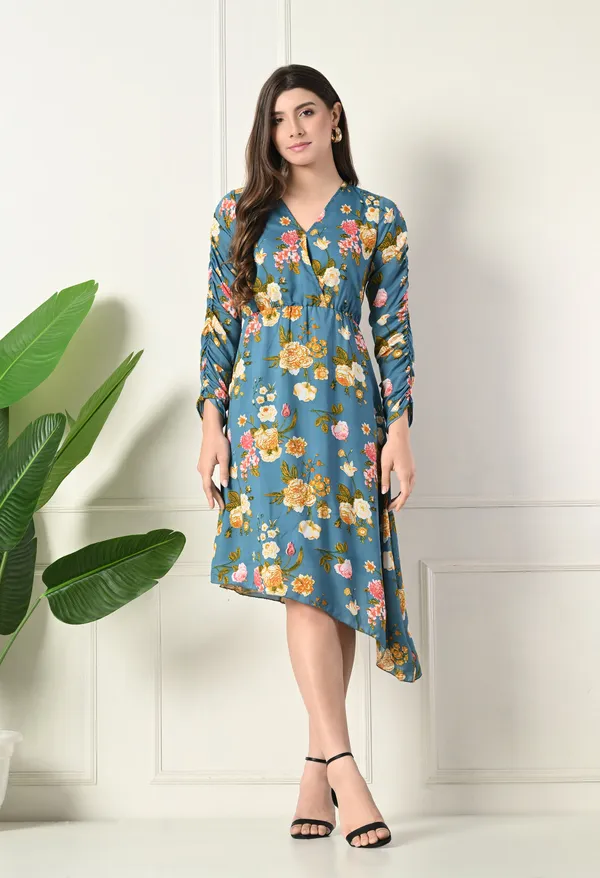 Teal_Floral_Print_Asymmetrical_Dress