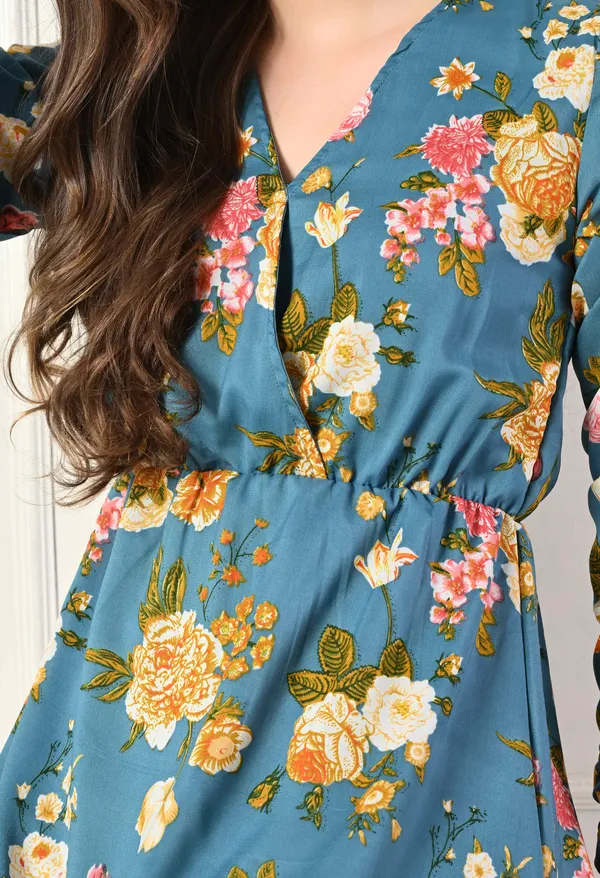 Teal_Floral_Print_Asymmetrical_Dress