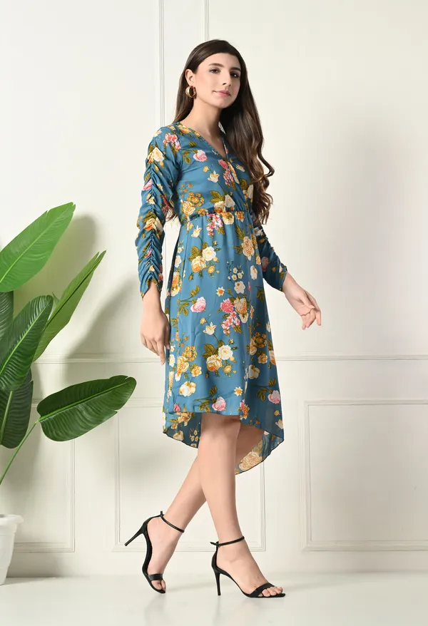 Teal_Floral_Print_Asymmetrical_Dress
