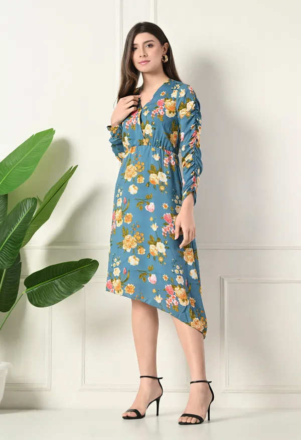 Teal_Floral_Print_Asymmetrical_Dress