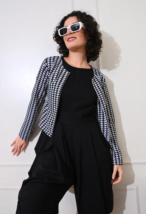 Black_Polyester_Classic_Houndstooth_Jacket_With_Dhoti_Jumpsuit_For_Women_&_Girls