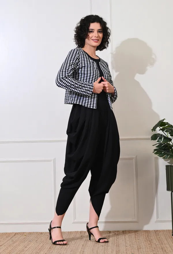 Black_Polyester_Classic_Houndstooth_Jacket_With_Dhoti_Jumpsuit_For_Women_&_Girls