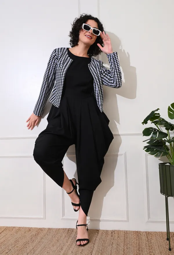 Black_Polyester_Classic_Houndstooth_Jacket_With_Dhoti_Jumpsuit_For_Women_&_Girls