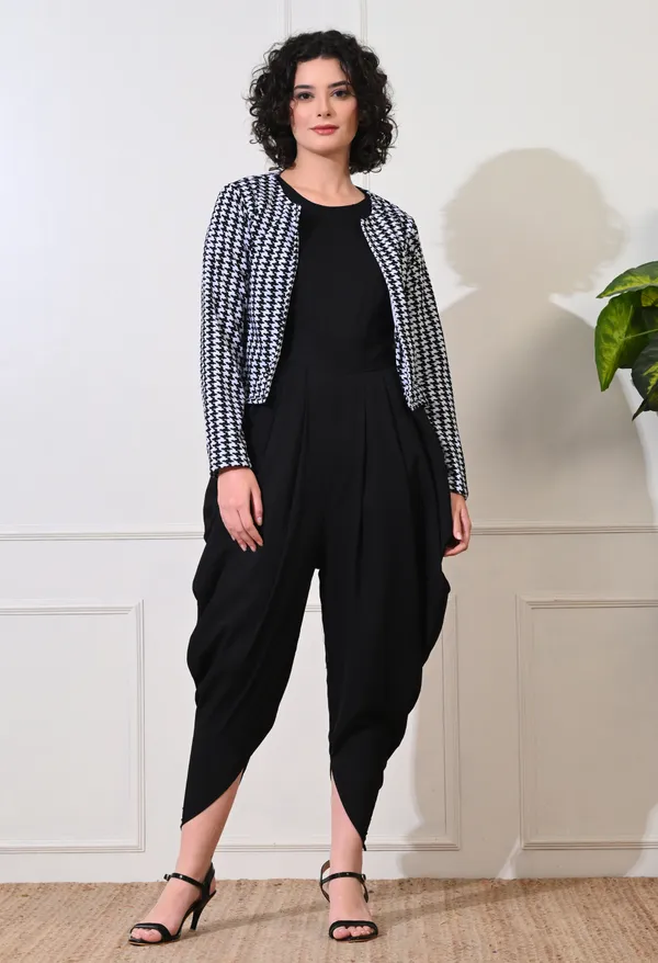 Black_Polyester_Classic_Houndstooth_Jacket_With_Dhoti_Jumpsuit_For_Women_&_Girls