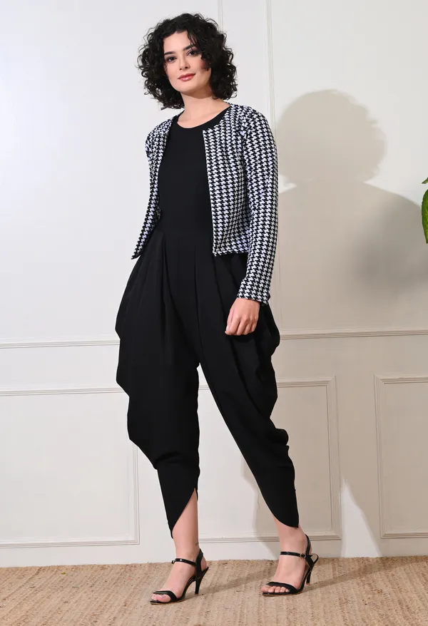 Black_Polyester_Classic_Houndstooth_Jacket_With_Dhoti_Jumpsuit_For_Women_&_Girls
