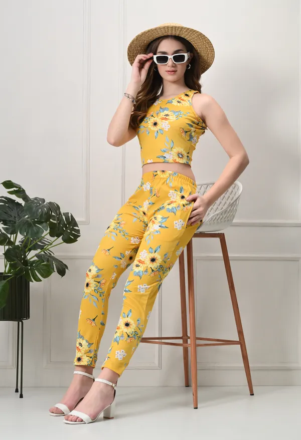 Yellow_Polyester_Sunshine_Floral_Tops_&_Trousers_Co-Ords_Set_For_Women_&_Girls