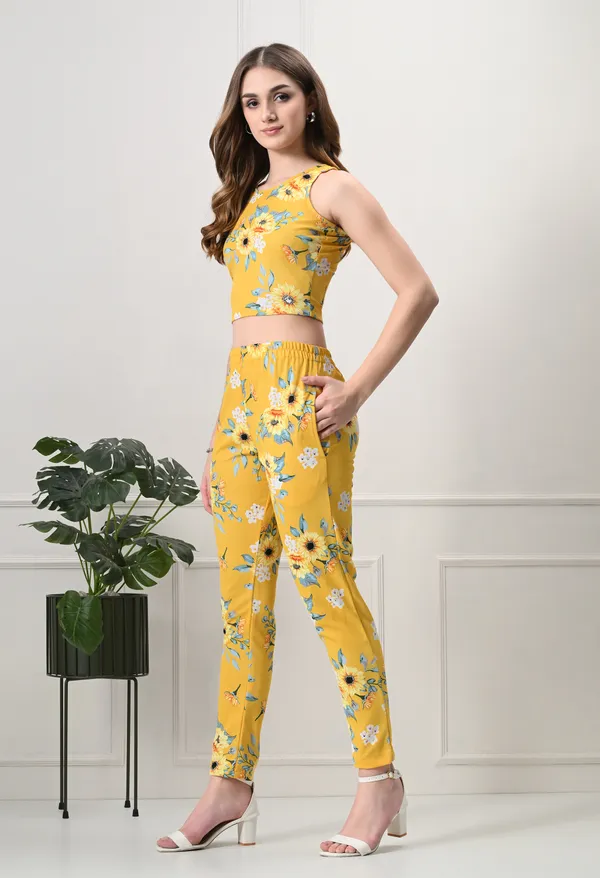 Yellow_Polyester_Sunshine_Floral_Tops_&_Trousers_Co-Ords_Set_For_Women_&_Girls