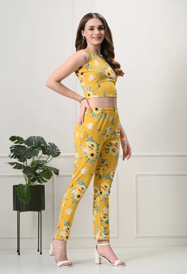 Yellow_Polyester_Sunshine_Floral_Tops_&_Trousers_Co-Ords_Set_For_Women_&_Girls