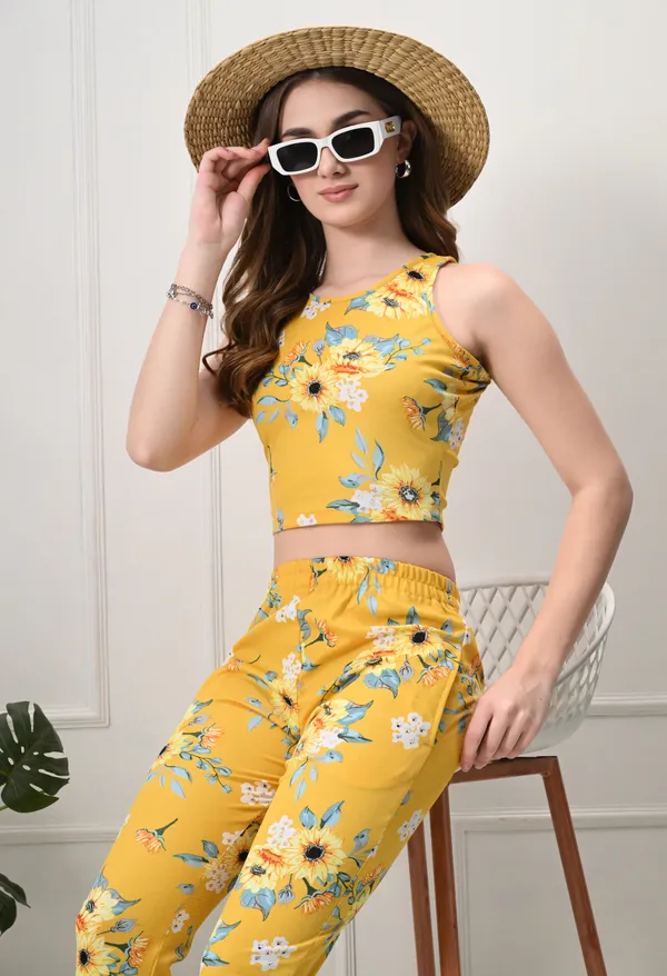 Yellow_Polyester_Sunshine_Floral_Tops_&_Trousers_Co-Ords_Set_For_Women_&_Girls