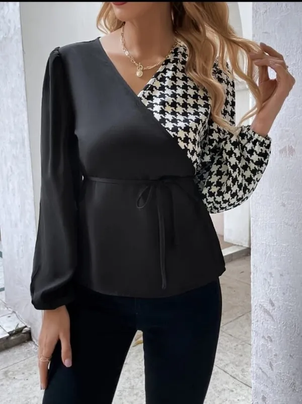 Black_Polyester_Houndstooth_Tops_For_Women_&_Girls