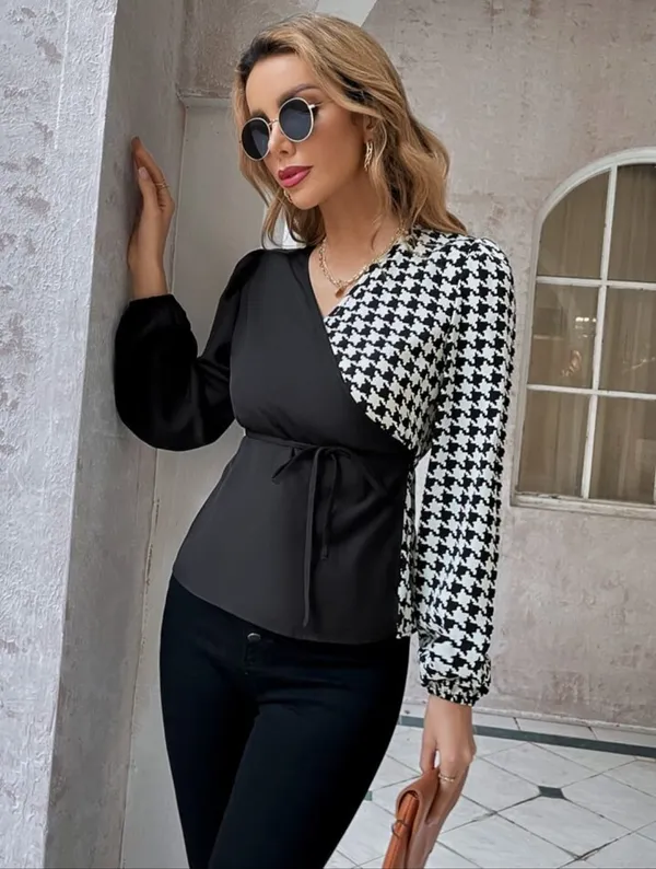Black_Polyester_Houndstooth_Tops_For_Women_&_Girls