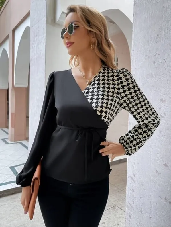 Black_Polyester_Houndstooth_Tops_For_Women_&_Girls